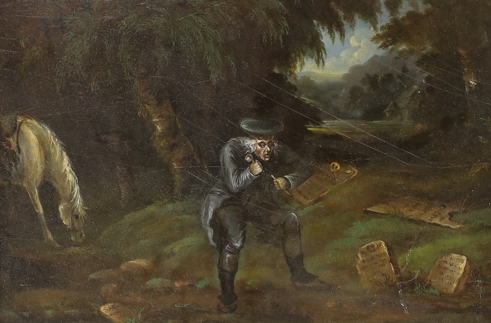 19th century English School, oil on wooden panel, Scotsman carving tombstones, 24 x 35cm, an oil landscape by another hand, a watercolour of cattle and two etchings